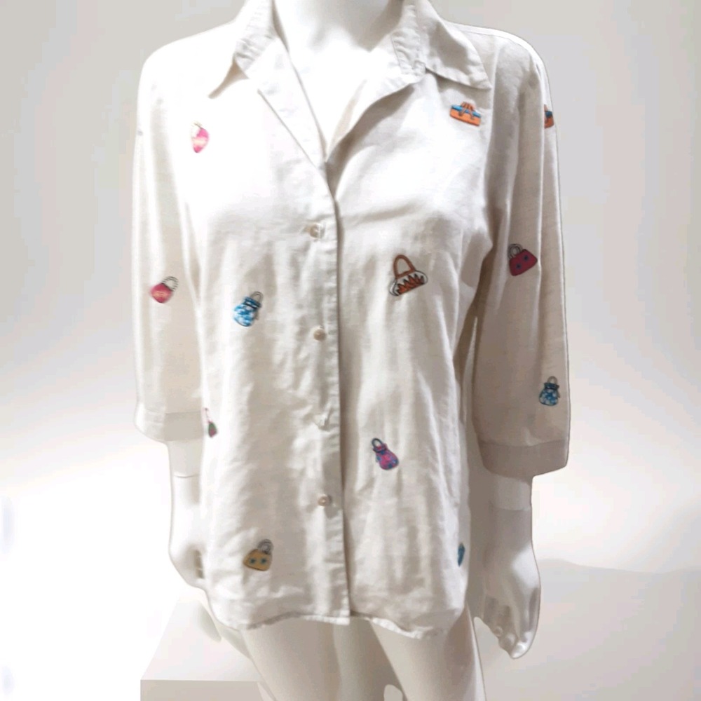 Edward Irish Linen Top Blouse Size Medium Beige 3/4 Sleeves Embroidered Purses